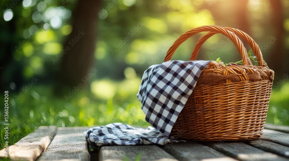 Outdoor gathering concept: picnic setup with wicker basket and cloth on wooden table, blurred green forest backdrop. Perfect for family fun and relaxation. Outdoor gathering concept: picnic setup with wicker basket and cloth on wooden table, blurred green forest backdrop. Perfect for family fun and relaxation.