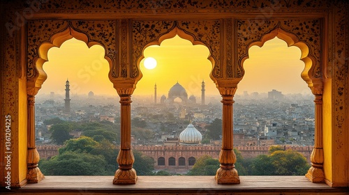 Golden Hour in Old Delhi: A Majestic View from a Historic Archway