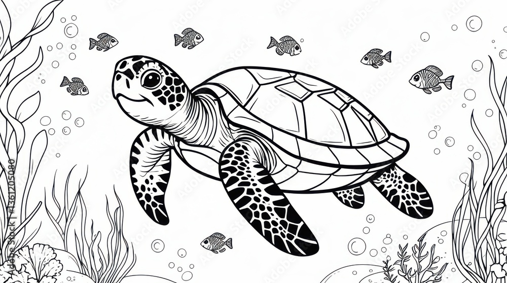 Fototapeta premium Smiling Sea Turtle Swimming with Fish A detailed yet simple black-and-white coloring page featuring a cute sea turtle swimming gracefully underwater. Surrounding it are small tropical fish, floating s