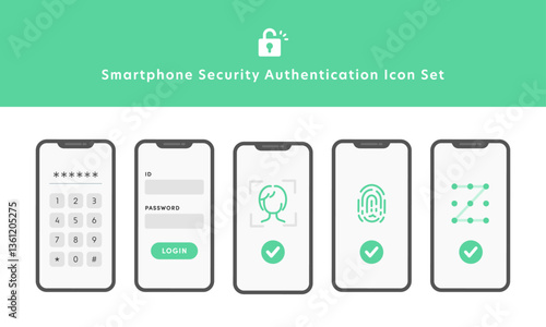 スマホのセキュリティ認証のベクターアイコンセット（顔・指紋・パスコード・暗証番号）