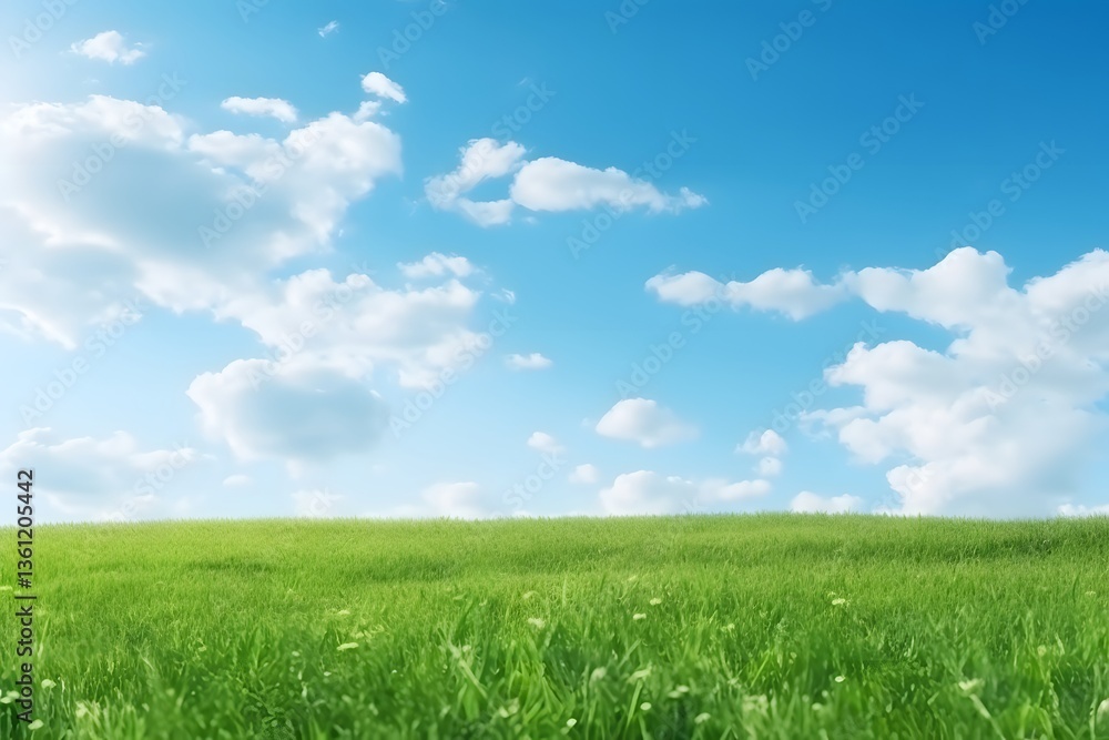 Obraz premium Serene Green Grass Field with Picturesque Blue Sky and Fluffy White Clouds Scenic Landscape