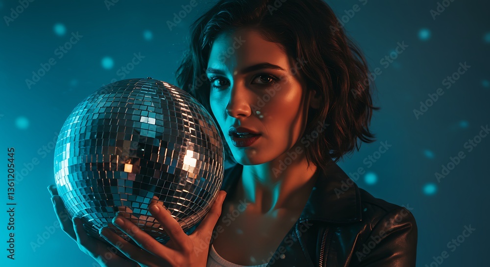 Naklejka premium A woman holding a disco ball in a colorful illuminated studio