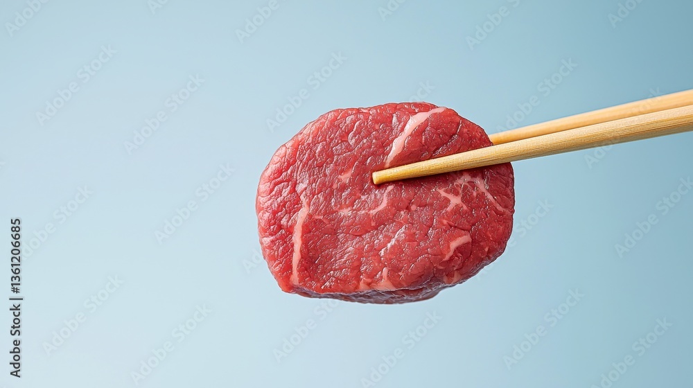 A close-up of a raw beef slice being held with chopsticks against a light blue background. A close-up of a raw beef slice being held with chopsticks against a light blue background.