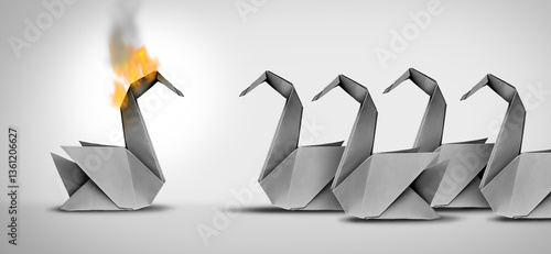 Disruptor And Agitator as a business metaphor for a trouble maker disrupting the status quo and being a game changer or spreading a contagious disease symbol as fire on a paper swan.