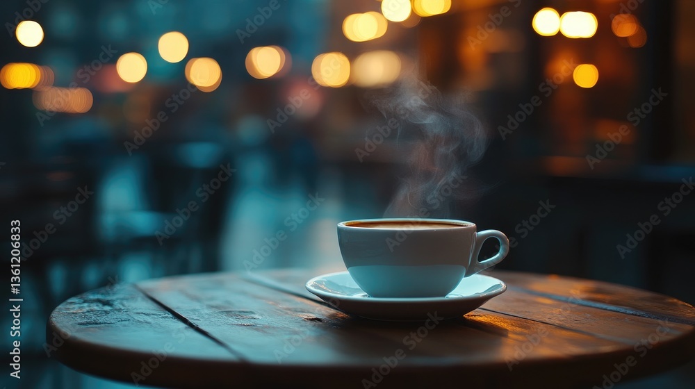 Obraz premium A steaming cup of coffee on a rustic cafe table, surrounded by soft city street lights in the background, creating a relaxed and urban cafe atmosphere