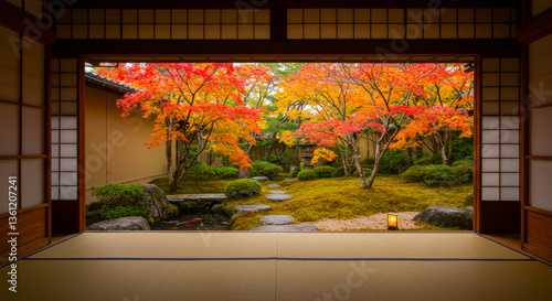 和室から眺める四季の日本庭園