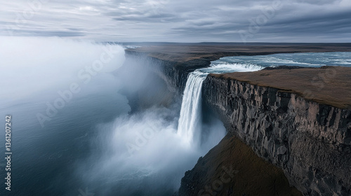 Environmental crisis Majestic waterfall plunges into misty canyon under cloudy sky