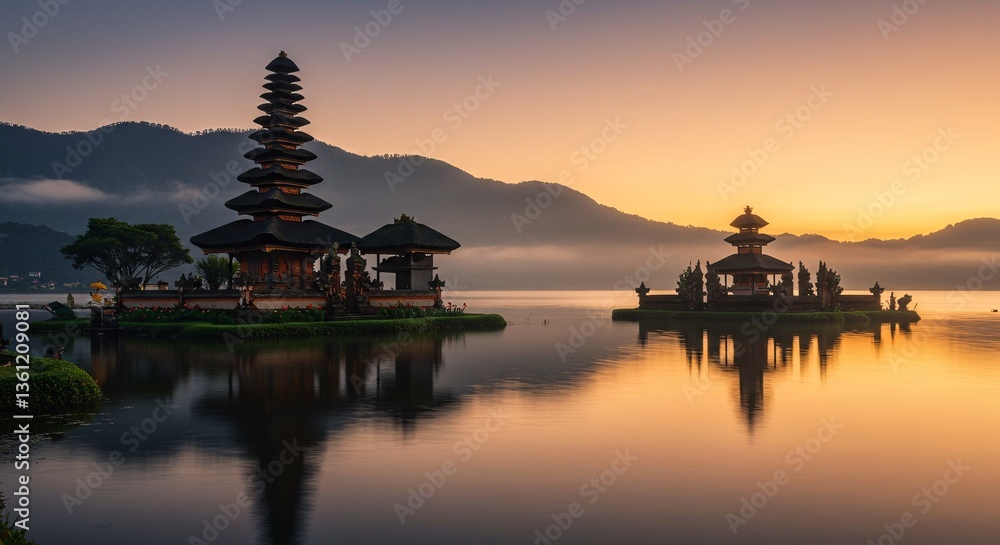 Obraz premium Serene Sunrise Over Bali Temple by the Lake with Majestic Reflections