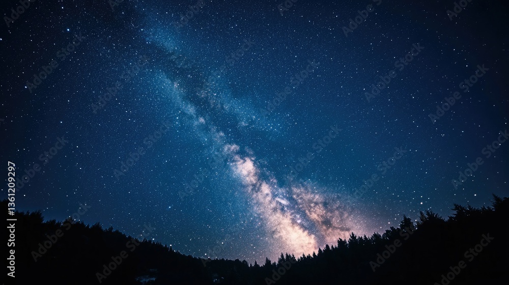 Fototapeta premium A person lying on the grass, gazing at the Milky Way in a dark night sky.