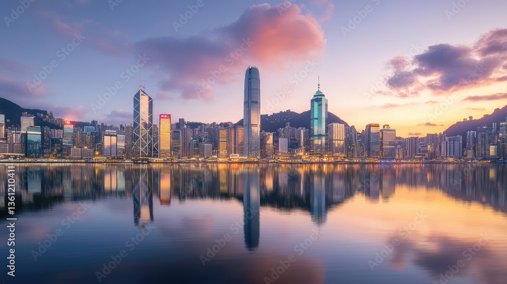 Fototapeta premium The setting sun casts a golden glow over the city skyline, with its reflection in the calm water below, capturing the magic of the moment