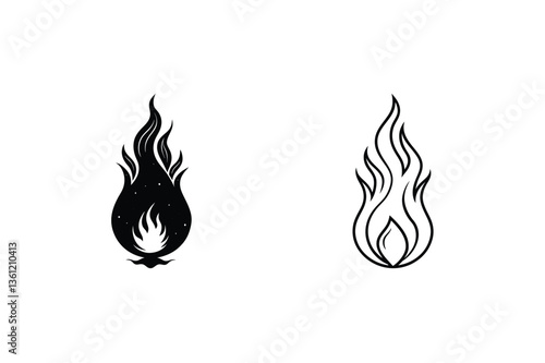 Two stylized flame designs, minimalist black and white vector graphics