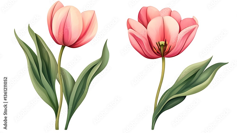 Fototapeta premium Soft Pink Tulips: Botanical Digital Painting Illustration AI Generated
