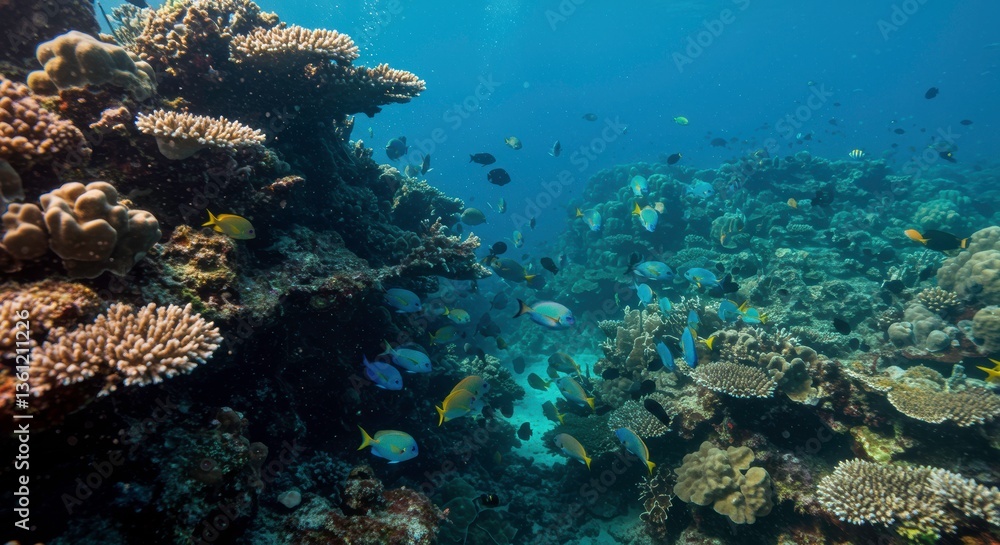 Fototapeta premium Vibrant Underwater Coral Reef Scene with Diverse Tropical Fish