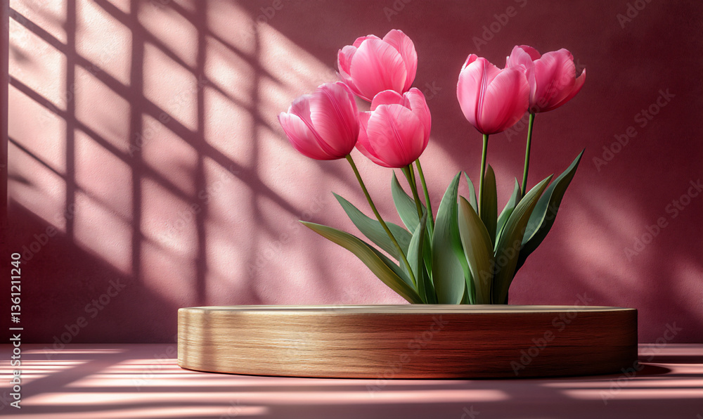 Obraz premium pink tulips on a pink background with a podium for product presentation mock-up, a beauty and cosmetic display template, and a fashion showcase scene design.