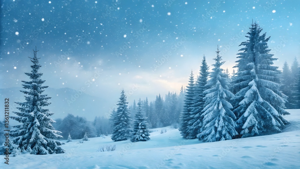 Obraz premium Winter wonderland snowfall serene forest landscape photography tranquil nature wide angle seasonal beauty