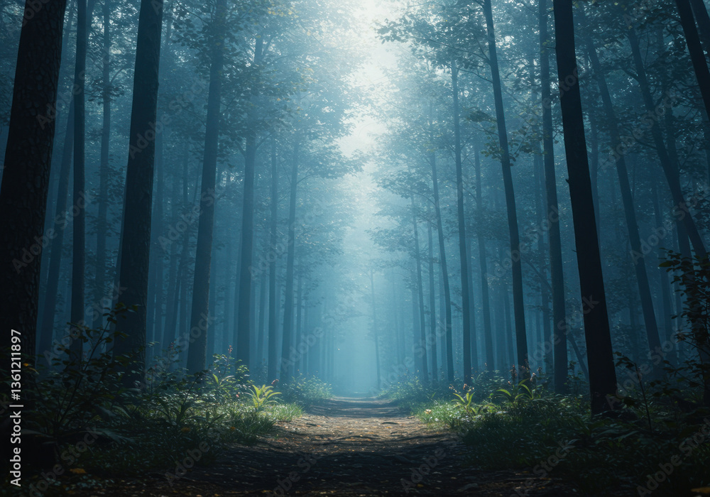 Obraz premium A misty forest path winding through dense trees enveloped in fog, creating an ethereal and mysterious atmosphere.
