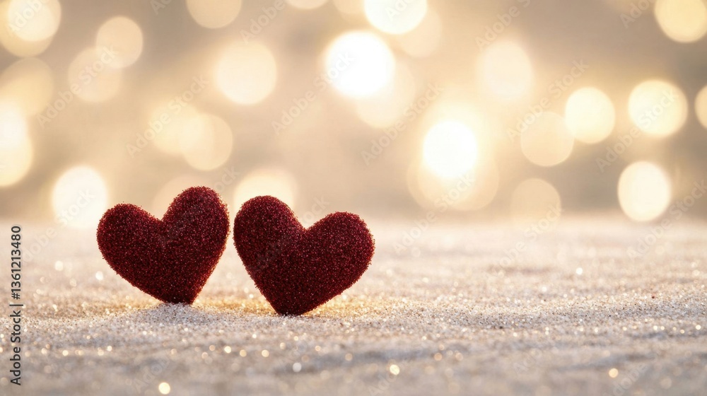 Fototapeta premium Two Red Hearts on Soft Surface with Blurred Background Lights
