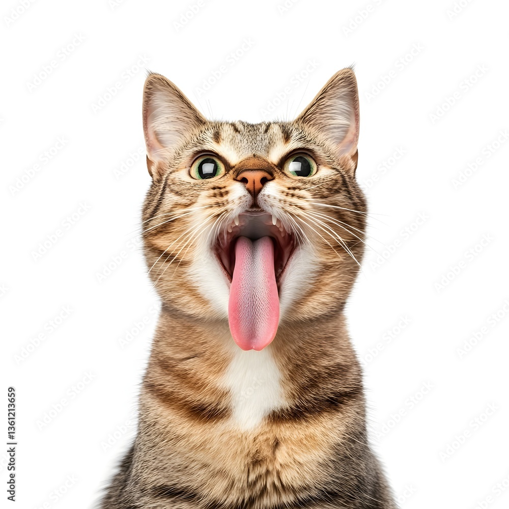 Fototapeta premium Comical Feline Sticking Out Tongue on Clean White Studio Background