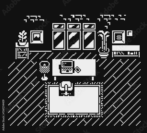 Interior living room apartment, top view, pixel background, game assets 1-bit sprite. Design for web, mobile app, vector illustration.