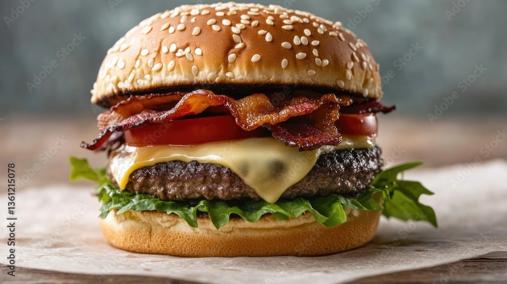 close-up of juicy cheeseburger with melting cheese crispy bacon fresh lettuce and ripe tomatoes all layered in sesame close-up of juicy cheeseburger with melting cheese crispy bacon fresh lettuce and ripe tomatoes all layered in sesame