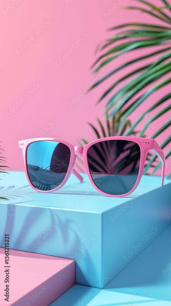 Pink sunglasses on a pastel display with tropical foliage Pink sunglasses on a pastel display with tropical foliage