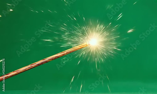 Green screen video frame of a magical wand releasing a sparkling burst of glittering light, glowing beautifully against a solid green background