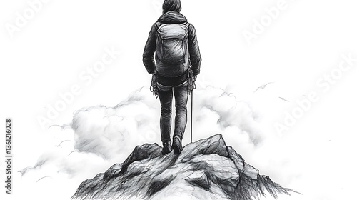 Hiker Reaching Mountain Peak Above Clouds Artistic Drawing Adventure