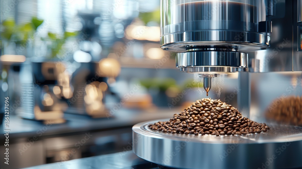 Close up view of freshly ground dark roasted coffee beans in a stainless steel espresso grinder on a modern cafe counter Concept of specialty coffee barista gourmet beverage service Close up view of freshly ground dark roasted coffee beans in a stainless steel espresso grinder on a modern cafe counter Concept of specialty coffee barista gourmet beverage service
