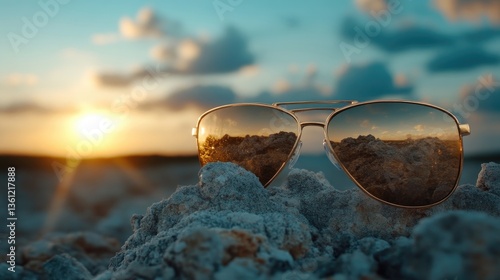 Wallpaper Mural Sunglasses resting on rocks at sunset Torontodigital.ca