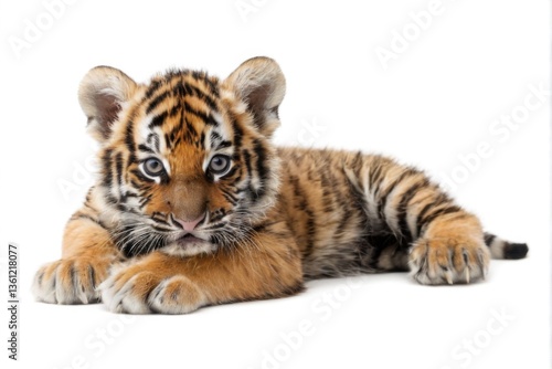 Young tiger cub with curious expression lying on white background, showcasing orange and black striped fur and alert ears.