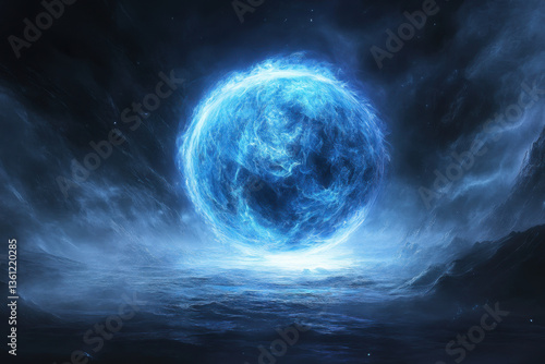 Blue sphere floating in ocean with sunlight reflecting off surface, surrounded by calm waves and clear sky.