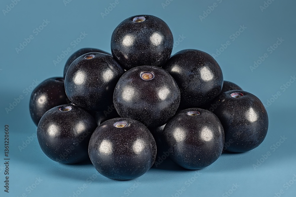 Several round purple berries are stacked atop each other in a pyramid Several round purple berries are stacked atop each other in a pyramid