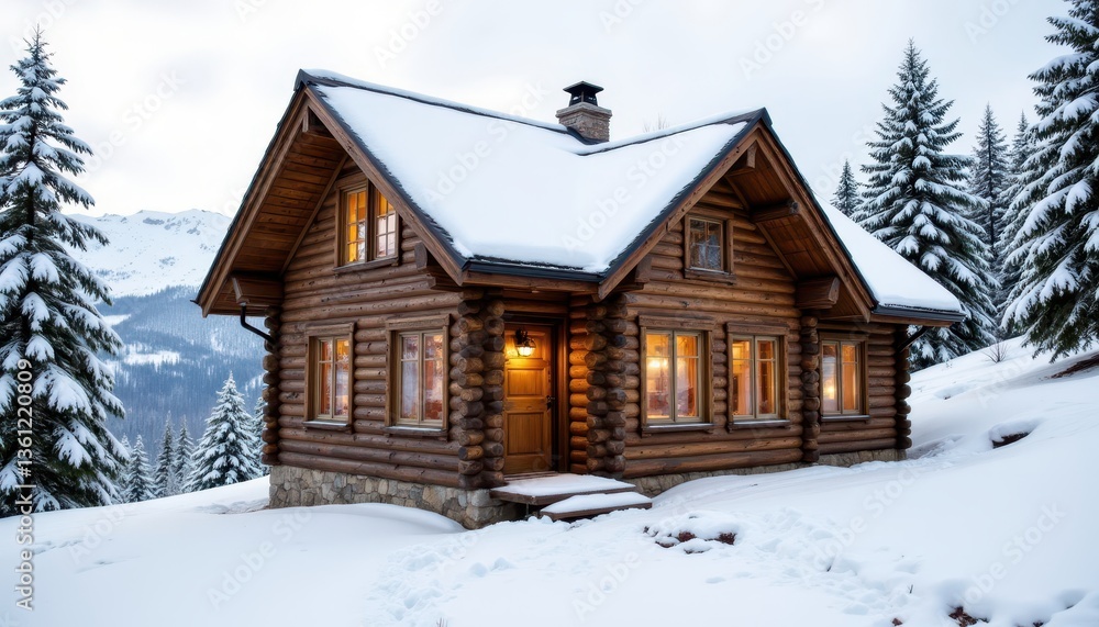 A cozy log cabin surrounded by snow-covered trees in a winter landscape, radiating warmth from its illuminated windows. A cozy log cabin surrounded by snow-covered trees in a winter landscape, radiating warmth from its illuminated windows.