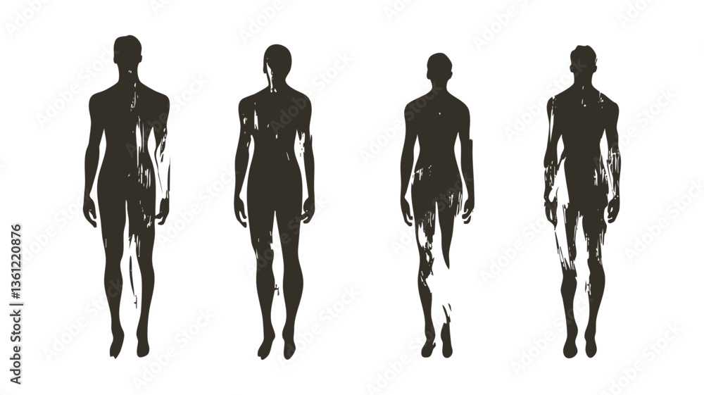 Silhouettes of Diverse Human Figures Walking in Different Postures and Positions Against a White Background Silhouettes of Diverse Human Figures Walking in Different Postures and Positions Against a White Background