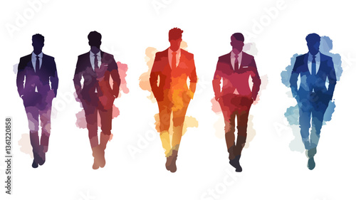 Colorful Silhouettes of Businessmen in Suits Walking Together in a Dynamic and Abstract Style