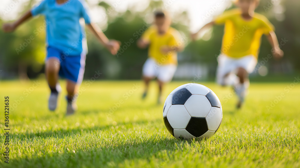 Children playing soccer on a grassy field. Children playing soccer on a grassy field.
