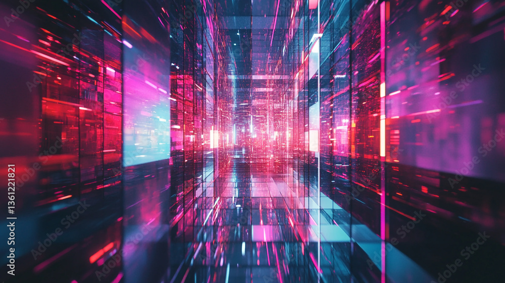Obraz premium Abstract futuristic tunnel with glowing neon lights and geometric shapes in red and blue hues