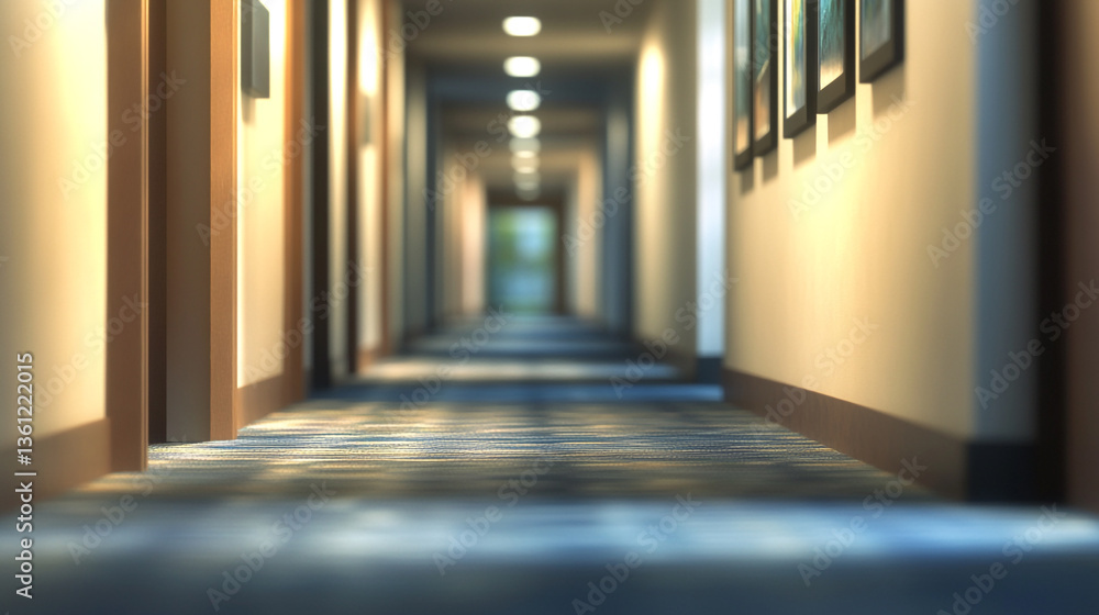 A long hallway perspective view with doors and pictures along the walls and lights on the ceiling A long hallway perspective view with doors and pictures along the walls and lights on the ceiling