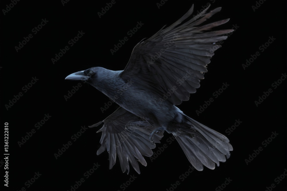 Fototapeta premium Digital illustration of a majestic black crow in midflight against a black background, wings spread wide, creating a striking visual.