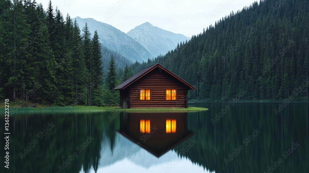 Fototapeta premium Environmental crisis secluded mountain cabin with glowing windows reflects on tranquil lake