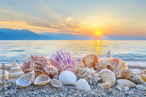 Seashells on beach at sunset