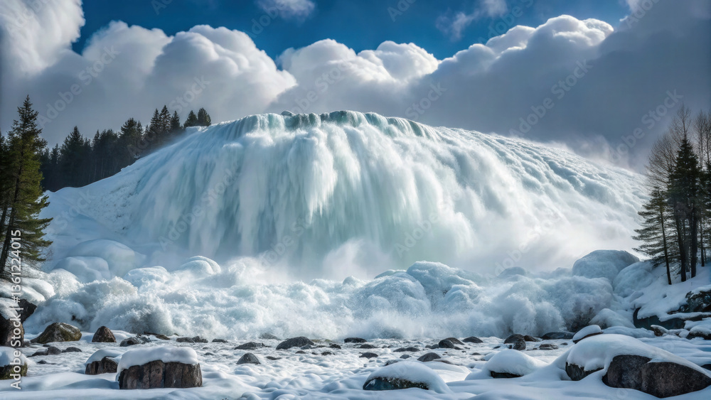 Obraz premium Majestic waterfall cascading over icy rocks, surrounded by snow and trees. An avalanche comes crashing down, Power of nature