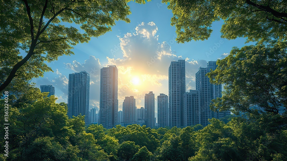 Obraz premium A vibrant urban landscape showcasing modern skyscrapers surrounded by lush green trees under a bright blue sky this scene reflects energy efficiency and innovation in a sustainable city