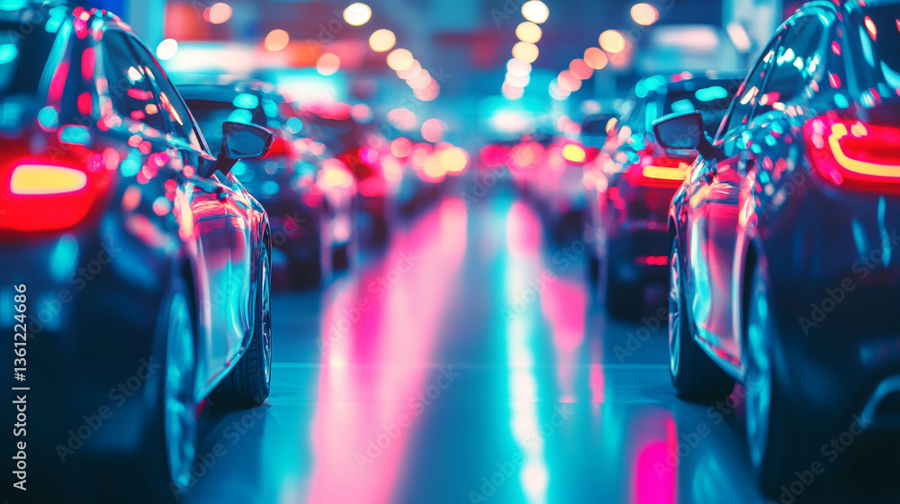 Fototapeta premium A row of cars with taillights illuminated in a showroom with a blurred background of bright lights