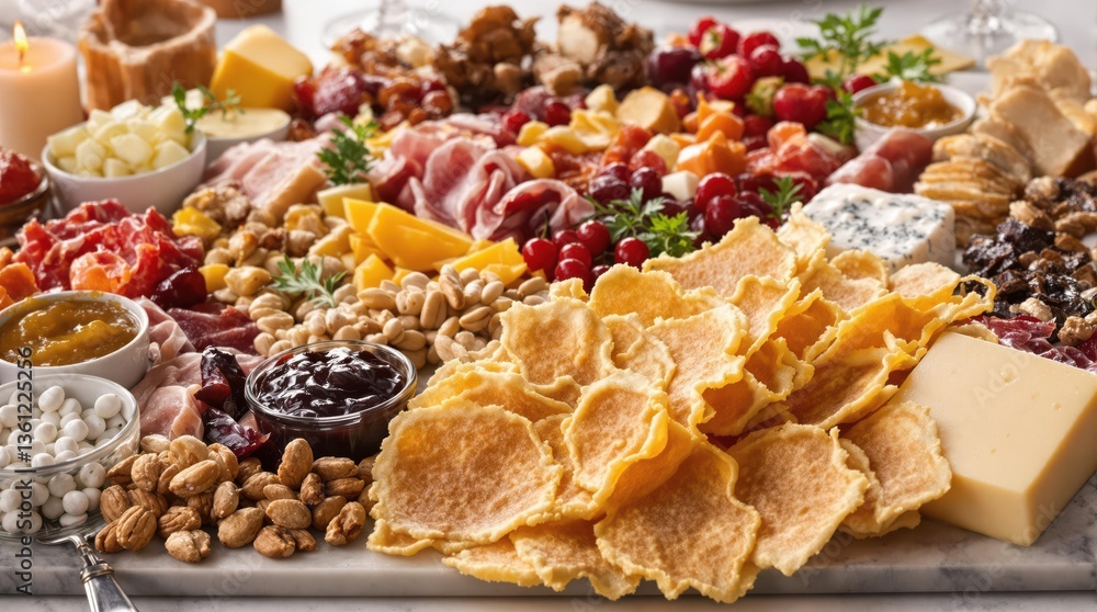 Pork crackling on premium charcuterie board with artisanal cheeses, cured meats, fresh and dried fruits, gourmet mustard, preserves, herbs on marble surface Pork crackling on premium charcuterie board with artisanal cheeses, cured meats, fresh and dried fruits, gourmet mustard, preserves, herbs on marble surface