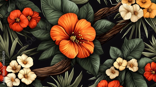 Wallpaper Mural Vibrant Tropical Flowers: A Dark Botanical Illustration AI Generated Torontodigital.ca