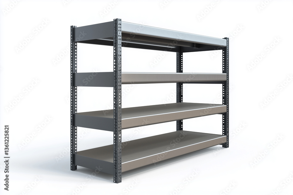 Metal shelf in warehouse isolated on white background, Selective focus steel shelf in industrial storage room. Metal shelf in warehouse isolated on white background, Selective focus steel shelf in industrial storage room.