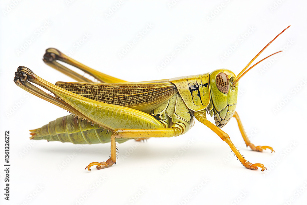 Selective focus grasshopper isolated on white background, Close up shot mantis on white, Pest in farmer field. Selective focus grasshopper isolated on white background, Close up shot mantis on white, Pest in farmer field.