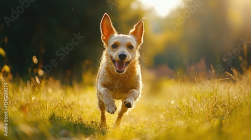 A happy dog running across a green field, full of joy and freedom.
