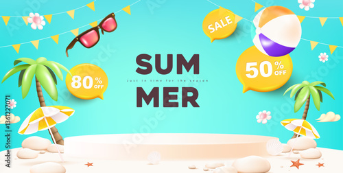 Summer sale banner poster with podium display and summer beach scene design background